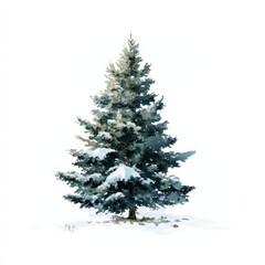 Obraz premium A beautifully detailed watercolor illustration of a pine tree blanketed in snow, set against a clean white background, perfect for winter-themed projects and social media posts.