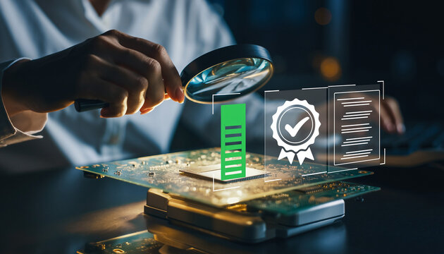 Person Inspecting Circuit Board with Quality Assurance Icons.