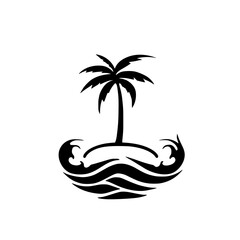 Tropical island palm tree with stylized ocean waves design
