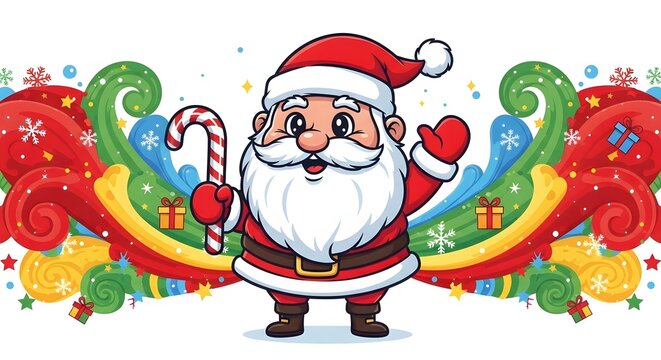 Jolly santa claus holds candy cane with festive christmas swirl.