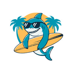 Cool shark with sunglasses surfs on surfboard under palm trees