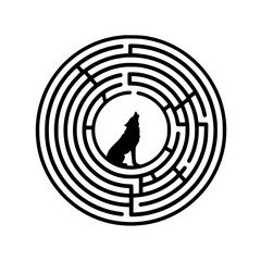 Lone wolf howling within a circular maze seeking a path forward