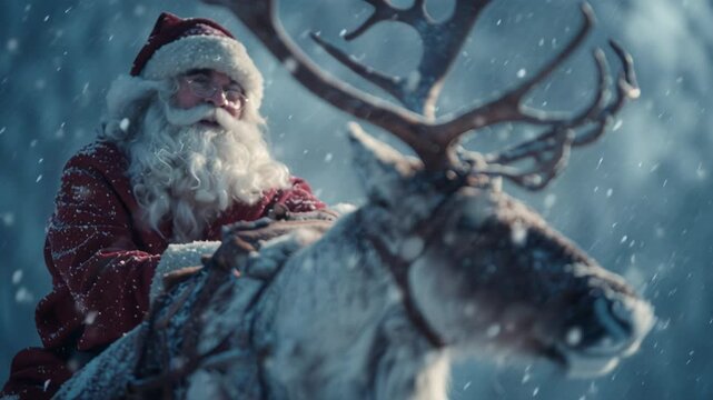 4k video of Santa Claus riding a deer.