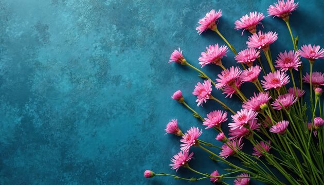 Vibrant pink flowers with green stems create dynamic diagonal composition on textured blue background. Fresh blossoms form beautiful floral pattern. Colorful arrangement offers decorative design