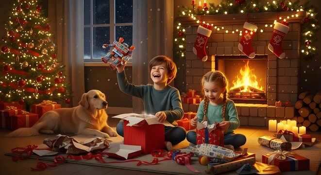Kids and dog unwrap christmas presents joyfully by warm fireplace