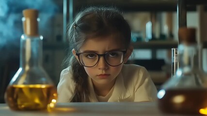 Young female student focused on chemical experiment with laboratory glassware