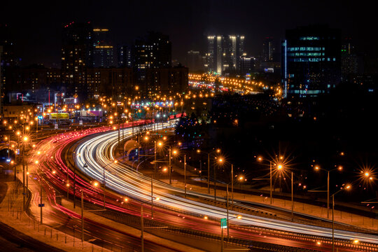 Traffic, view from above. Basarab Bridge landmark, photo during the night.