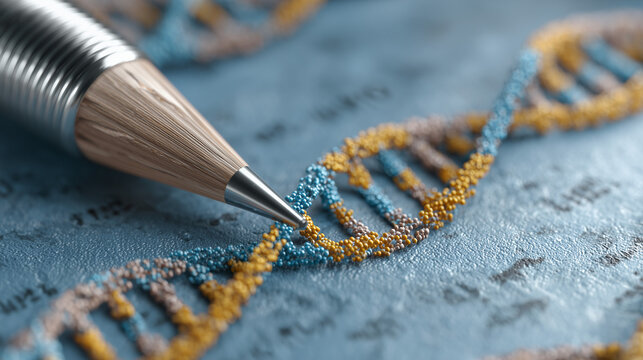 Base editing visualized as a precise pencil rewriting a single letter on a DNA helix.