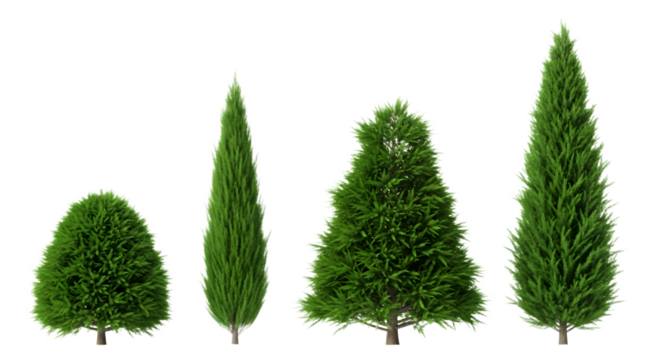 isolated row of four evergreen trees ,  Four pine trees in different sizes, isolated on a transparent background PNG 