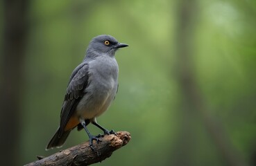 Obraz premium Grey bird with bright yellow eyes perches on sturdy tree branch. Plumage shows shades of dark, light grey feathers. Beautiful wild animal patiently observes natural forest habitat. Carefully searches