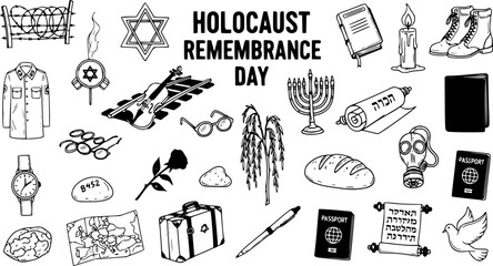 Hand-drawn doodle set of Holocaust Remembrance Day symbols and icons. Collection of vector elements related to Jewish history, memory, and victims of genocide.