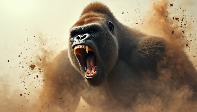Furious gorilla roars with bared teeth bursting through dust cloud. Powerful ape shows intense raw emotion and brute strength. Aggressive wild animal displays mighty vocalization with open mouth.