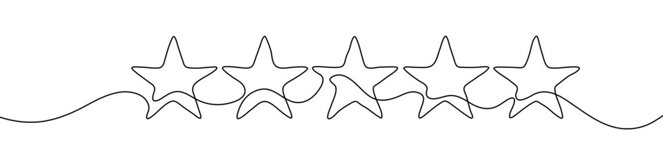 Five rating stars in one line art style. A drawing of a row of five five-pointed stars connected by a continuous line, creating a rating scale, with editable black stroke on a white background. Vector