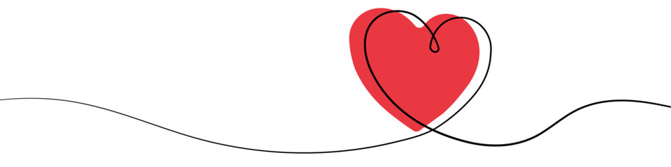 Heart in one line art style. Drawing of a stylized heart symbol connected by a continuous line, with editable black stroke and red color on a white background. Vector illustration.