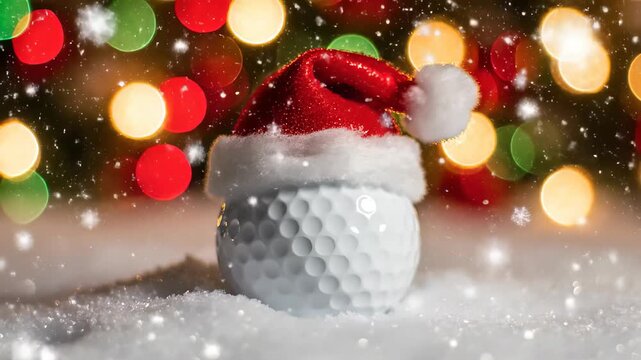 Golf Ball with Santa Hat in Snowy Setting