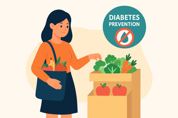 Flat vector of woman choosing healthy groceries with diabetes prevention signage