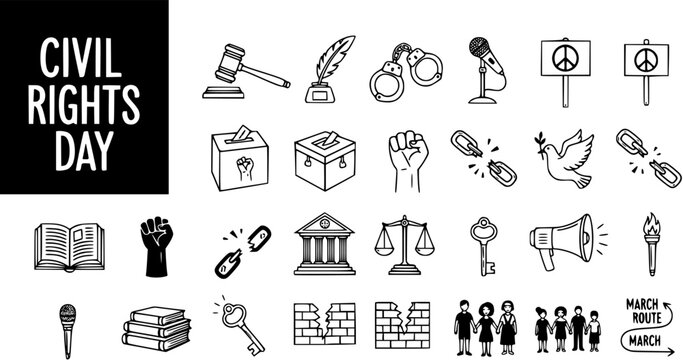 Civil Rights Day Doodle Icons: Justice, Freedom, Equality, Peace, Protest, and Voting Symbols Collection