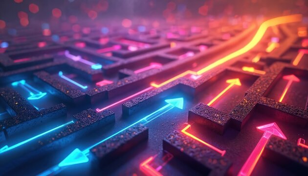 Neon arrows navigate complex maze structure. Glowing paths show direction choice in abstract digital network. Bright lights illuminate intricate puzzle solution concept.