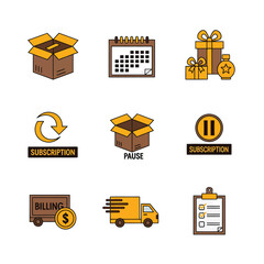Subscription boxes and delivery services represented by simple line art symbols for business and marketing purposes, conveying efficiency and convenience.