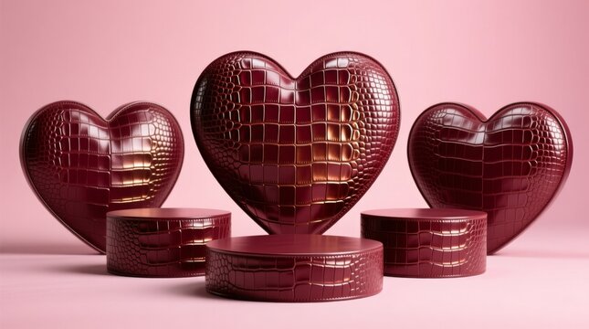 Burgundy crocodile leather podiums with heart shape on the pink background 