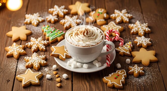 Hot chocolate with whipped cream and festive gingerbread cookies