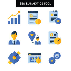 Seo analytics tools displaying data and reports for online marketing strategy on a white backdrop, showing business intelligence and data analysis.