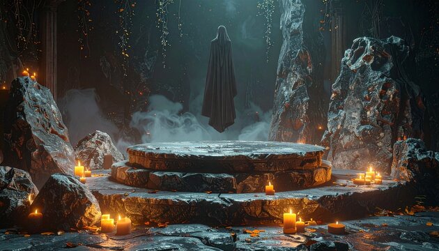Mysterious figure levitates above stone altar candles glow