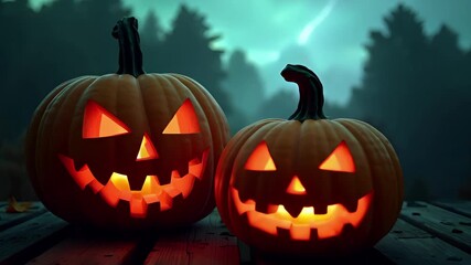 Halloween concept. Glowing scary Halloween Pumpkins Jack o Lanterns on wooden surface with dry autumn leaves against misty evening sky with lightning