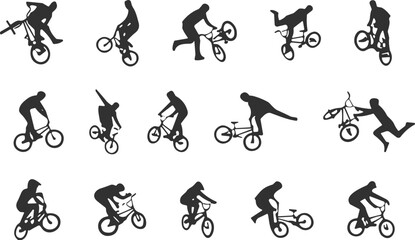 Fototapeta premium Silhouette BMX riders performing extreme freestyle tricks, urban stunt icons in motion, dynamic cycling poses, action sports energy, competitive bike athletes