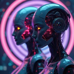 Two futuristic female cyborgs with glowing orange eyes stand in neon light digital space. Tech faces, bodies reveal intricate circuits, wiring. Shows AI, future tech, innovation, machine learning
