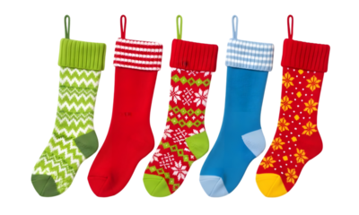 Isolated Christmas Stockings , festive Holiday Decorations , set of christmas stocking sock with festive patterns 
