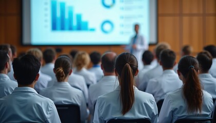 Large group of healthcare professionals attends medical conference. Doctors, nurses, students listen to speaker presentation on big screen with data charts. Audience learns new info at educational