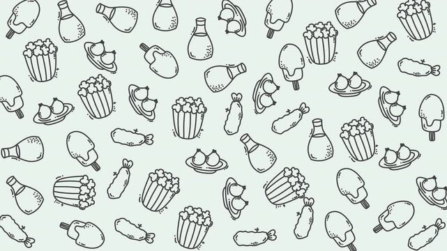 Food pattern doodle featuring popcorn, ice cream, tempura, and more. Playful handdrawn illustrations suitable for packaging, menus, and prints.