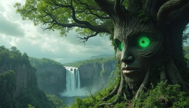 Giant tree with old human face and glowing green eyes dominates fantasy forest. Large waterfall flows down tall cliffs into river. Mystical nature scene with ancient wood spirit watches landscape.