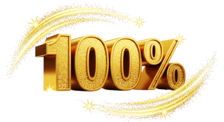 Golden one hundred percent symbol with sparkling trails on a black background illustration on transparent background