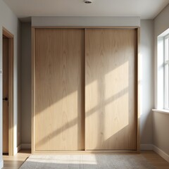 Modern minimalist wardrobe with light wood sliding doors. Clean lines and natural material blend into bedroom interior. Ample storage space organized neatly. Sleek design.