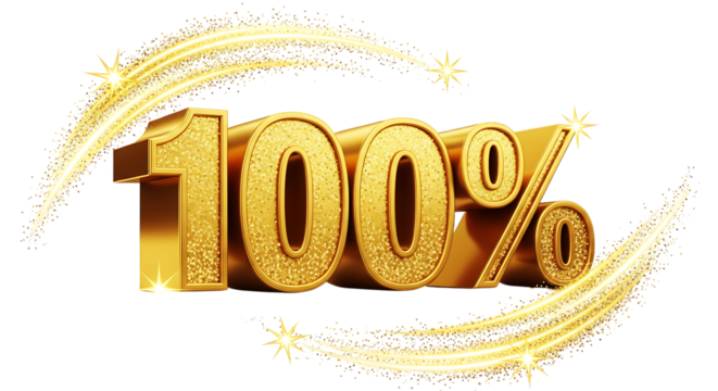 Golden one hundred percent symbol with sparkling trails on a black background illustration on transparent background - Powered by Adobe