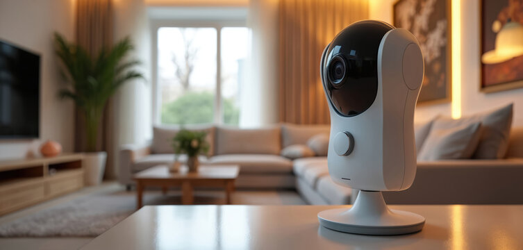 Modern smart camera monitors home interior. Device tracks activity, ensures safety and privacy. Pan tilt zoom feature offers wide surveillance. Wireless connection allows remote access to feed.