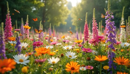 Vibrant meadow features diverse wildflowers blooming under bright sun. Butterflies flutter among colorful pink, purple, orange, yellow, white blossoms. Green foliage creates lively garden scene,