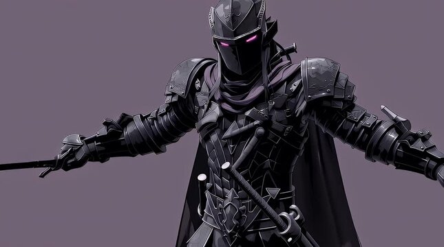 Mysterious warrior in dark armor with glowing eyes and weapon ready with ai generated