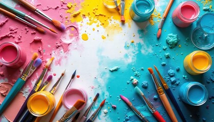 Art supplies displayed with colorful paint splashes. Paintbrushes jars with paint create artistic mood. Top view composition of creative painting tools. Art concept illustration design for workshop
