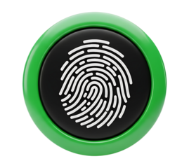 A green button with a black center displaying a white fingerprint on a black background in a circle on transparent background