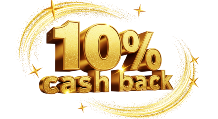 Golden ten percent cash back text effect with stars and glitter on a black background design graphic on transparent background