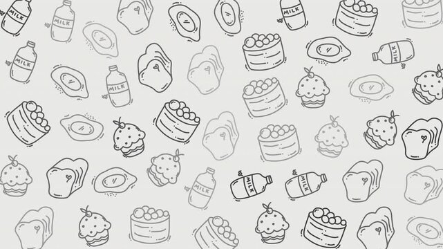 Food pattern doodle with milk, bread, eggs, and cupcakes. Suitable for food packaging, kitchen decor, menu design, and wrapping paper.