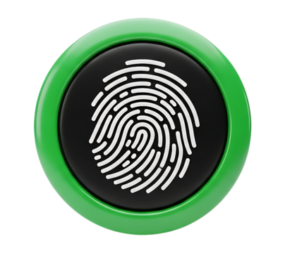 A green button with a black center displaying a white fingerprint on a black background in a circle on transparent background