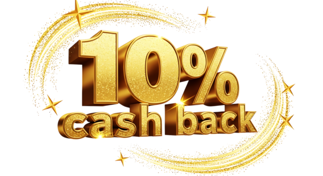 Golden ten percent cash back text effect with stars and glitter on a black background design graphic on transparent background