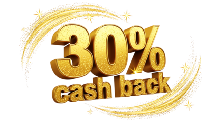Golden thirty percent cashback with glittering trails on a black isolated studio background view on transparent background