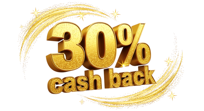Golden thirty percent cashback with glittering trails on a black isolated studio background view on transparent background