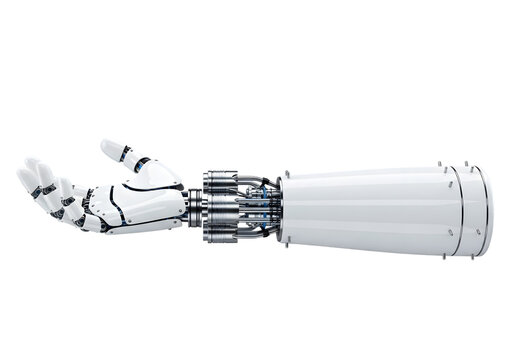 Isolated Robot Hand , White cyborg robotic hand pointing his finger 