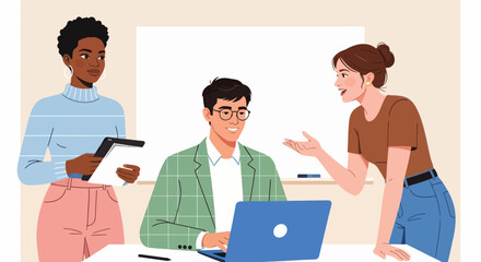 Fototapeta premium Team collaboration in modern office. Diverse coworkers discussing project ideas with laptop and tablet. Creative teamwork and communication concept for business, startup, or workplace illustration.